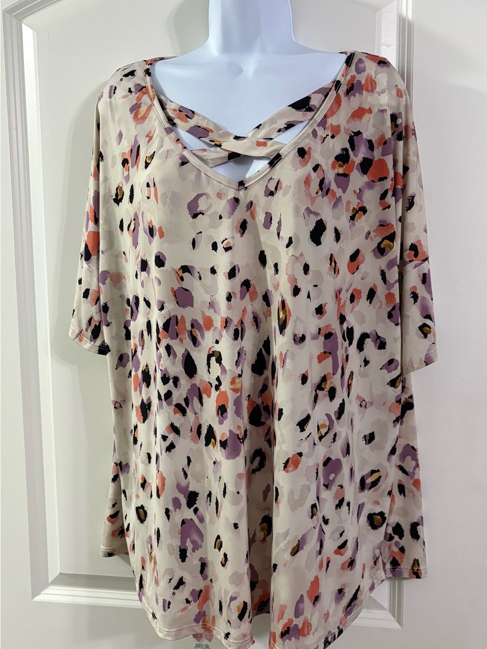 Women's Cream Animal-Print V-Neck Top with Cross-Strap Detail